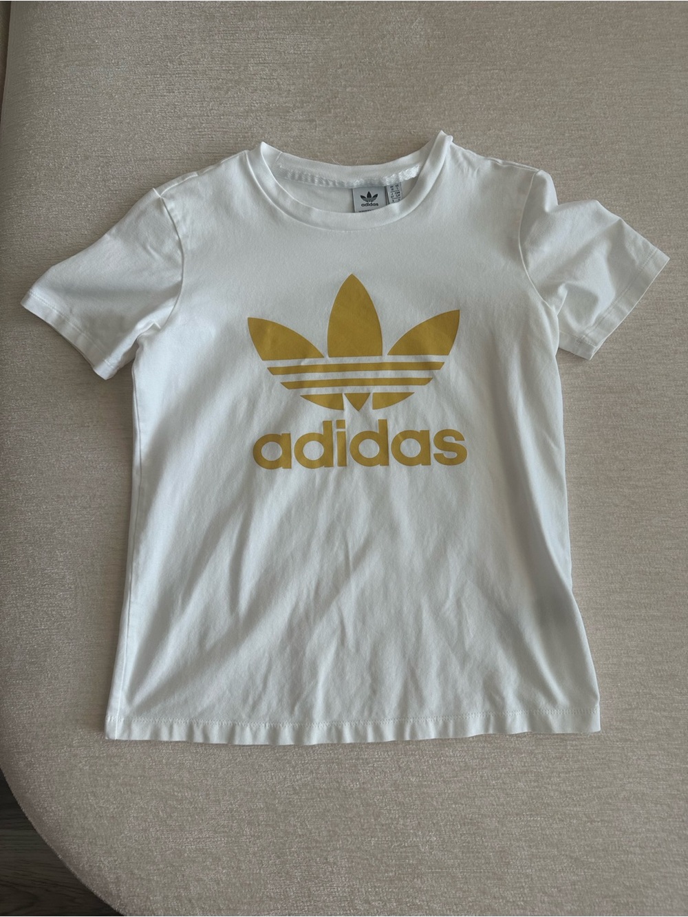 adidas White Tee with Gold Trefoil Logo